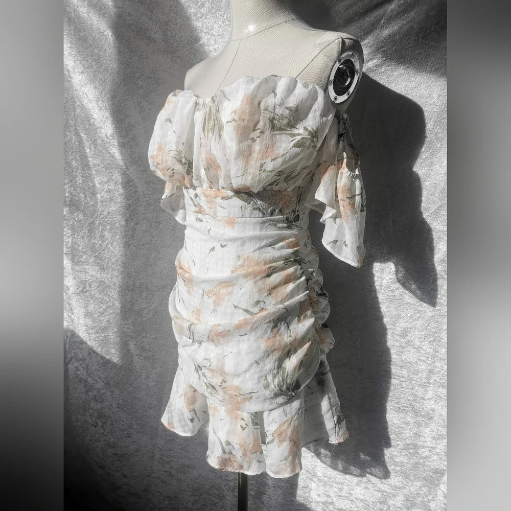 Chicways Off The Shoulder Floral Ruffle Mini Dress Size medium - Picture 2 of 7